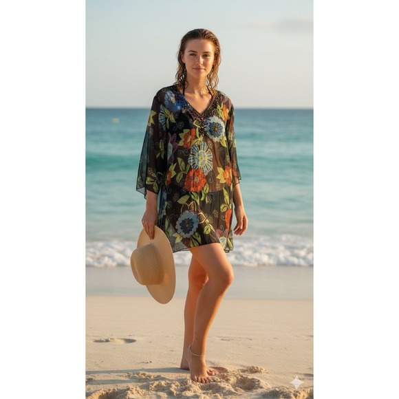 Indian Tropical Fashion Tops - Indian Tropical Fashion black floral boho beach tunic women S/M